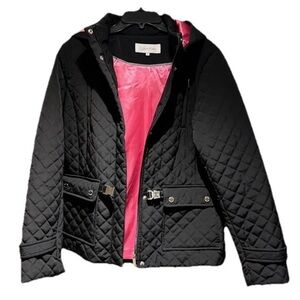 Calvin Klein quilted black jacket coat hood belt pockets Medium travel